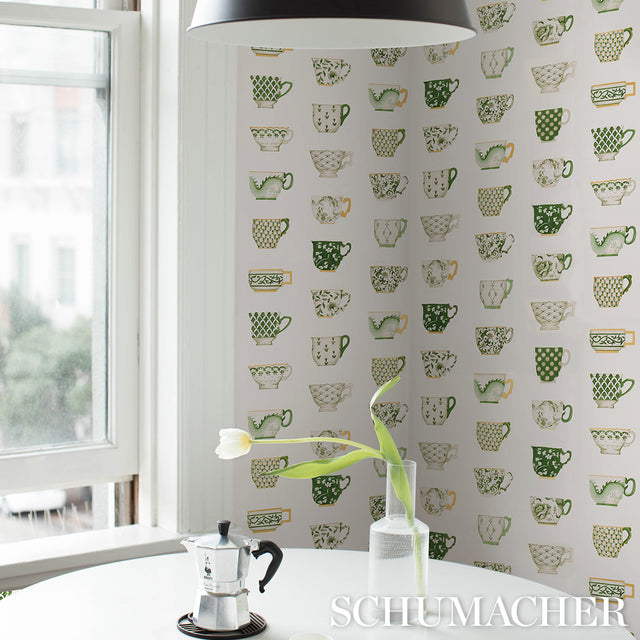 Onie's Teacups Spring Green by Schumacher Chinoiserie Teacup Wallpaper – Schumacher 5014781