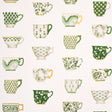 Onie's Teacups wallpaper in spring green featuring hand-painted porcelain teacups with chinoiserie motifs by Schumacher.