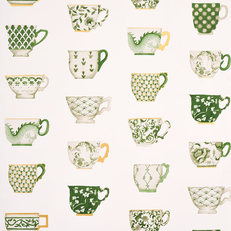Onie's Teacups wallpaper in spring green featuring hand-painted porcelain teacups with chinoiserie motifs by Schumacher.