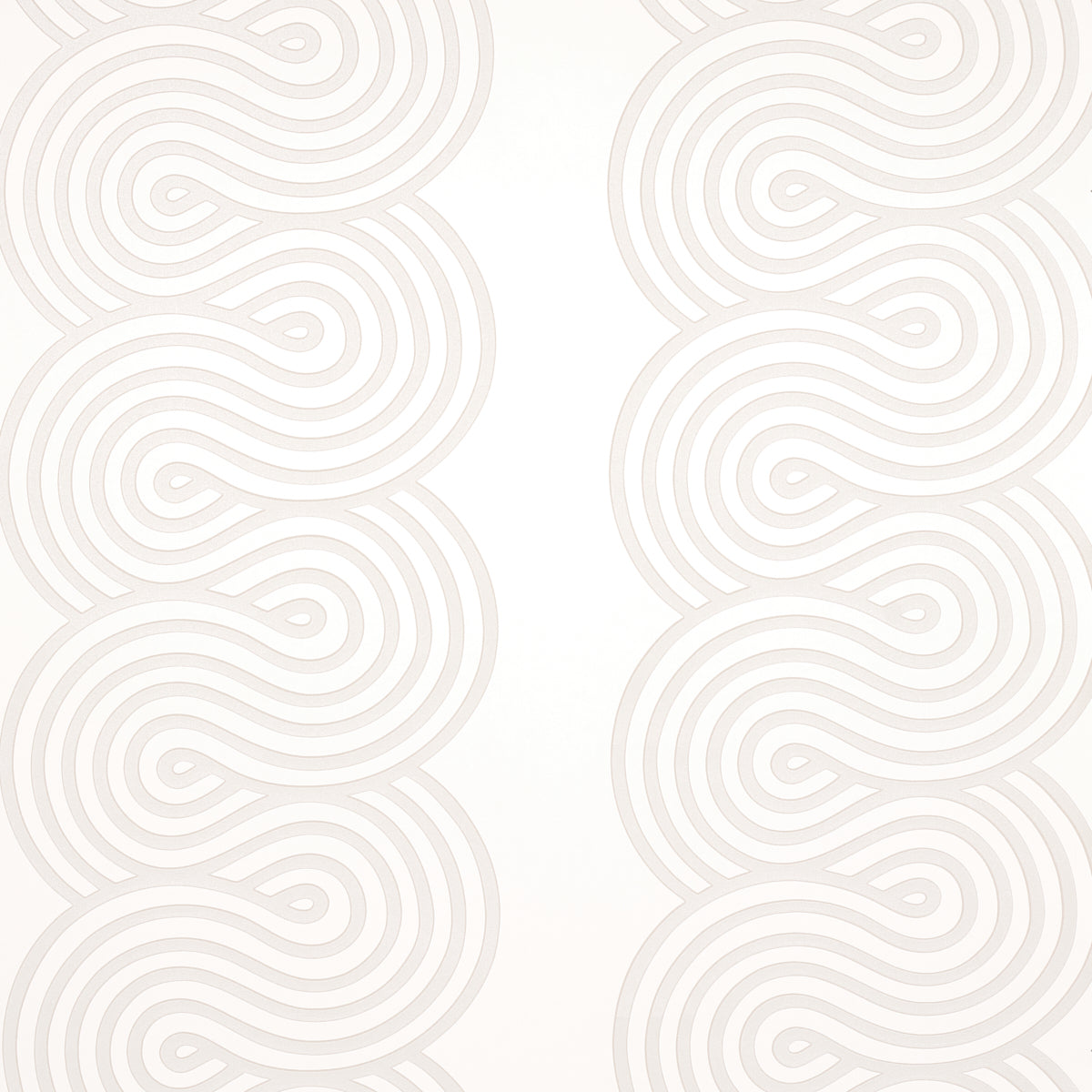 Giraldi in Pumice by Schumacher - Modern ribbon-candy stripe wallpaper in a soft neutral colorway, shown in interior and detail views.