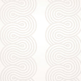 Giraldi in Pumice by Schumacher - Modern ribbon-candy stripe wallpaper in a soft neutral colorway, shown in interior and detail views.