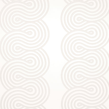 Giraldi in Pumice by Schumacher - Modern ribbon-candy stripe wallpaper in a soft neutral colorway, shown in interior and detail views.