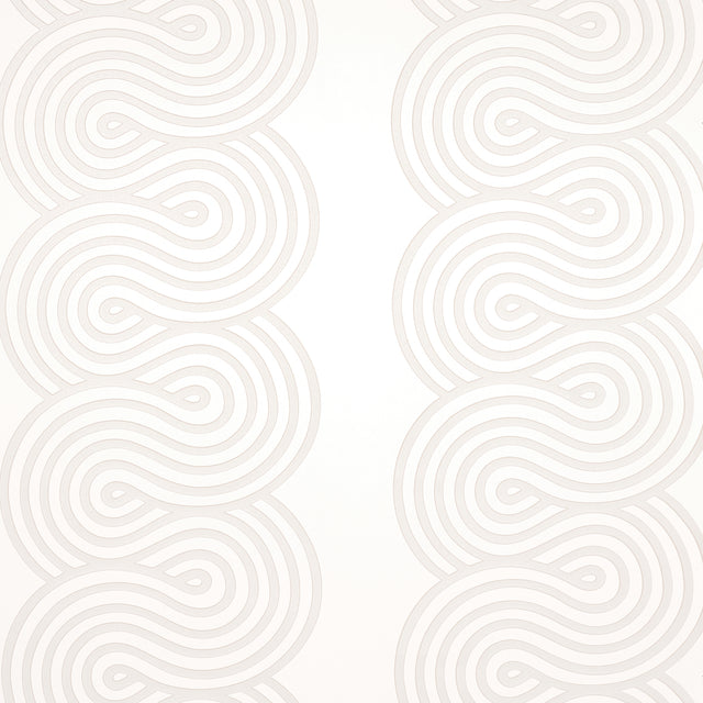 Giraldi in Pumice by Schumacher - Modern ribbon-candy stripe wallpaper in a soft neutral colorway, shown in interior and detail views.
