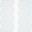 Giraldi Sky wallpaper by Schumacher featuring a ribbon-candy-esque stripe in light blue on white background, shown in detail and in room settings.