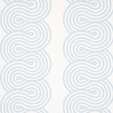 Giraldi Sky wallpaper by Schumacher featuring a ribbon-candy-esque stripe in light blue on white background, shown in detail and in room settings.