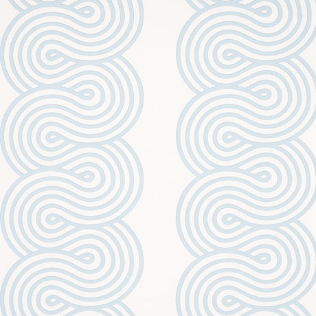 Giraldi Sky wallpaper by Schumacher featuring a ribbon-candy-esque stripe in light blue on white background, shown in detail and in room settings.
