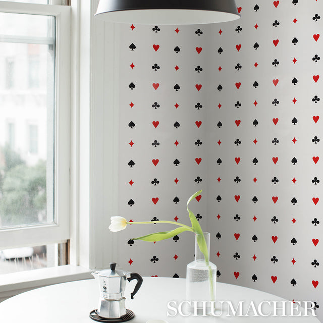 Le Joueur Rouge et Noir by Schumacher Playful Card Motif Wallpaper – Schumacher 5014800