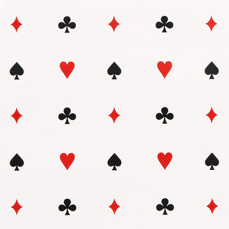 Le Joueur wallpaper in rouge-et-noir by Schumacher, featuring playful card suit motifs in red and black on a white background.