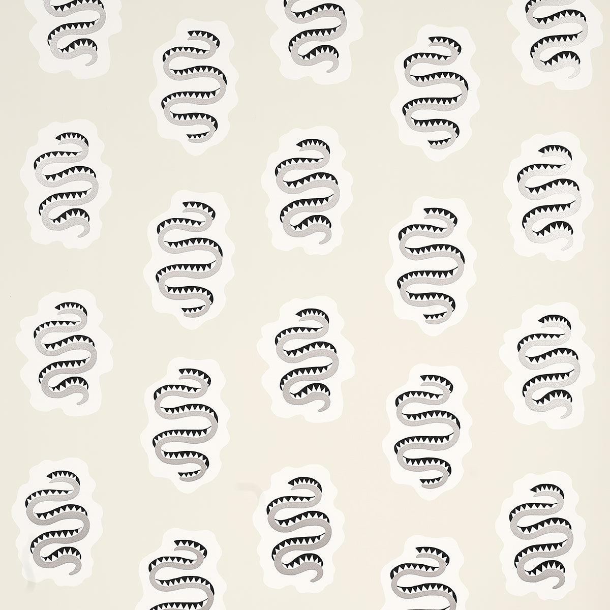 ELSA Sandstone wallpaper by Schumacher featuring a whimsical snake motif on a neutral background, shown in various interior settings.