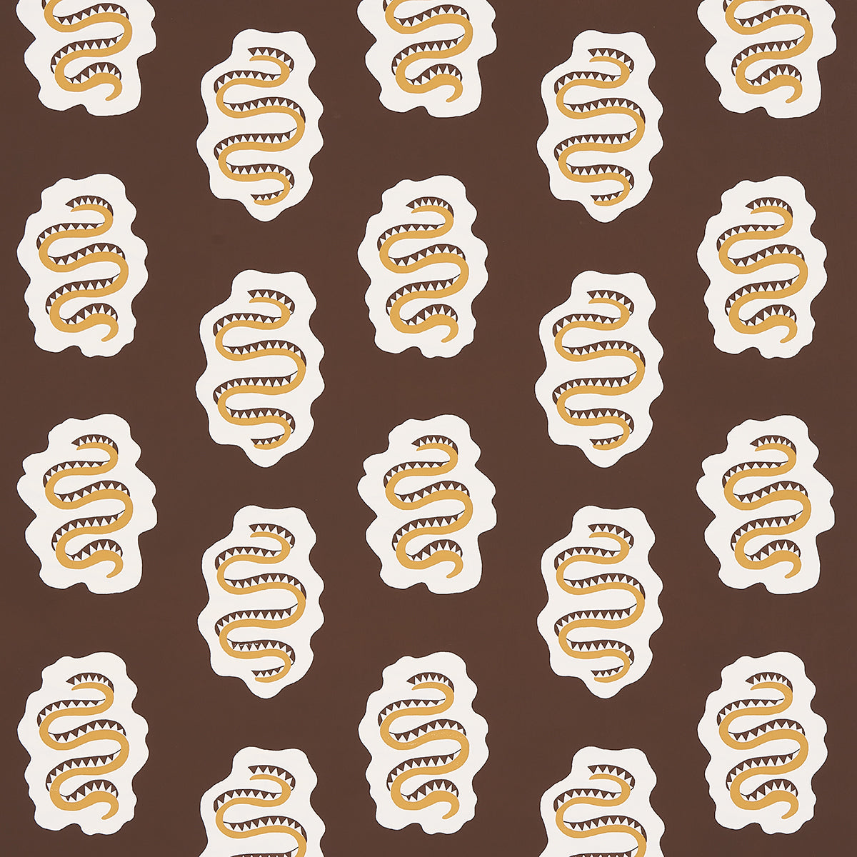 Amber and brown abstract snake motif wallpaper from Schumacher's REGINE collection, ELSA pattern, shown in a styled interior and close-up views.