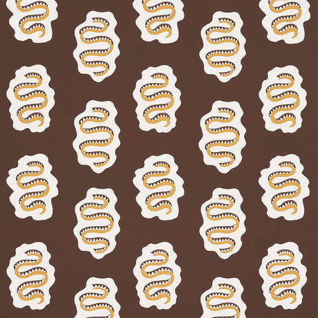 Amber and brown abstract snake motif wallpaper from Schumacher's REGINE collection, ELSA pattern, shown in a styled interior and close-up views.