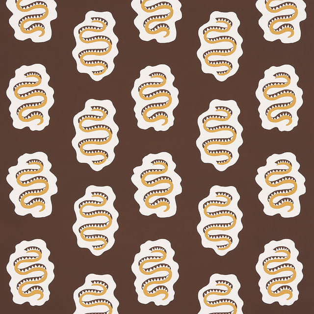 Amber and brown abstract snake motif wallpaper from Schumacher's REGINE collection, ELSA pattern, shown in a styled interior and close-up views.