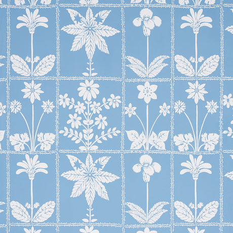 Georgia Wildflowers blue botanical wallpaper by Schumacher, featuring stylized white wildflowers on a blue background.