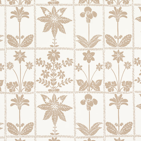 Georgia Wildflowers wallpaper in neutral by Schumacher, featuring a stylized midcentury floral grid pattern in a soft beige on white background.