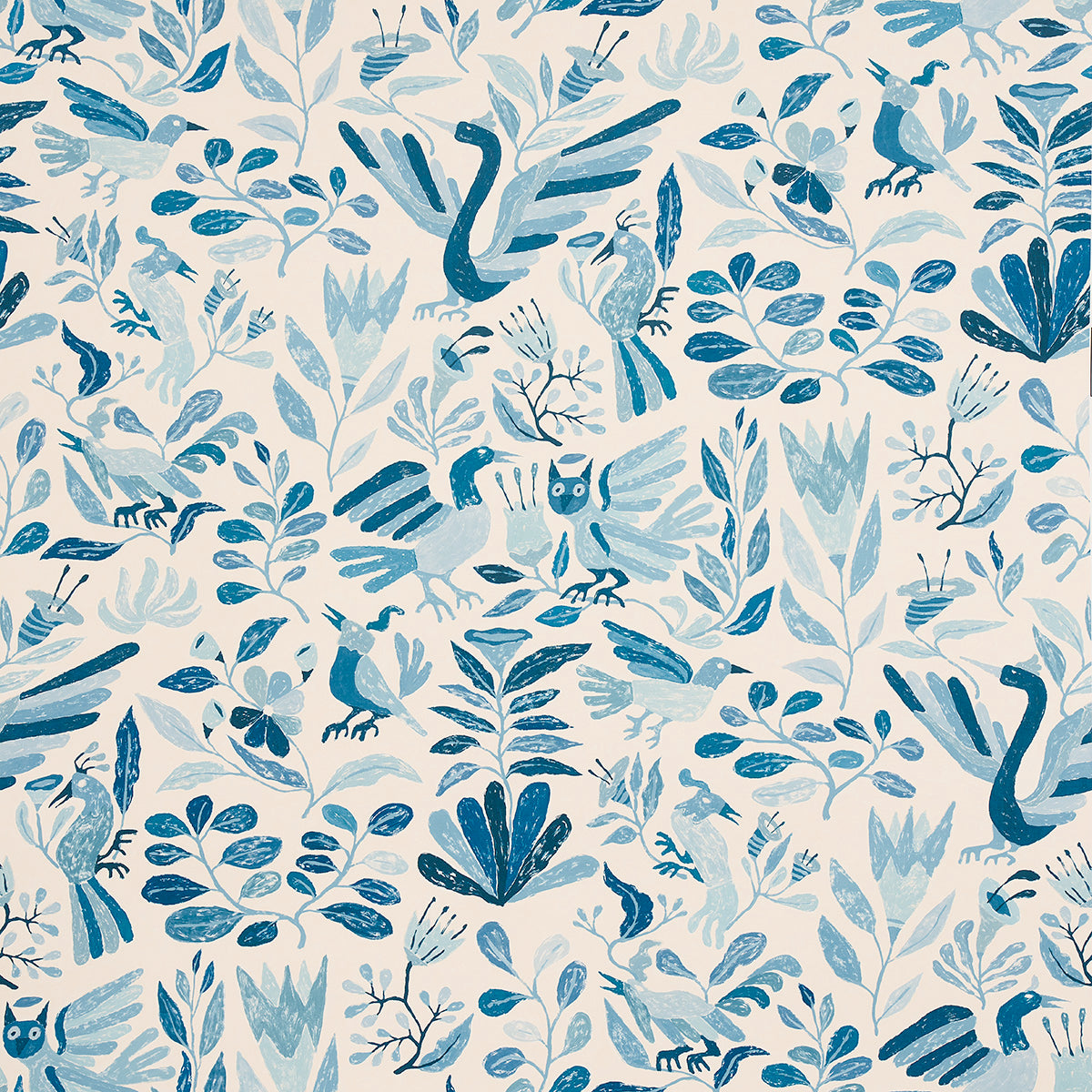 Canopy Blue Birds wallpaper by Abel Macias for Schumacher, featuring playful blue birds and foliage in a hand-painted style.