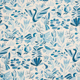 Canopy Blue Birds wallpaper by Abel Macias for Schumacher, featuring playful blue birds and foliage in a hand-painted style.