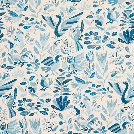 Canopy Blue Birds wallpaper by Abel Macias for Schumacher, featuring playful blue birds and foliage in a hand-painted style.