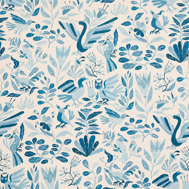 Canopy Blue Birds wallpaper by Abel Macias for Schumacher, featuring playful blue birds and foliage in a hand-painted style.