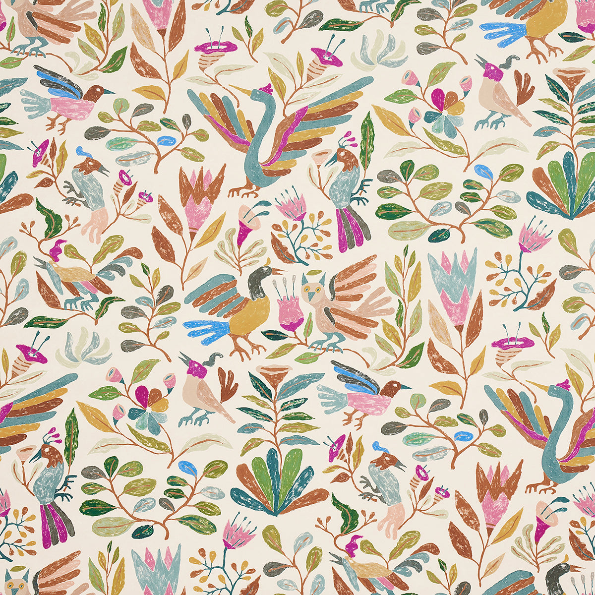 Canopy wallpaper in Multi Birds by Abel Macias for Schumacher, featuring playful birds and floral motifs inspired by Mexican embroidery.