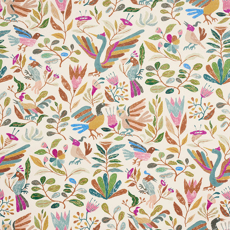 Canopy wallpaper in Multi Birds by Abel Macias for Schumacher, featuring playful birds and floral motifs inspired by Mexican embroidery.