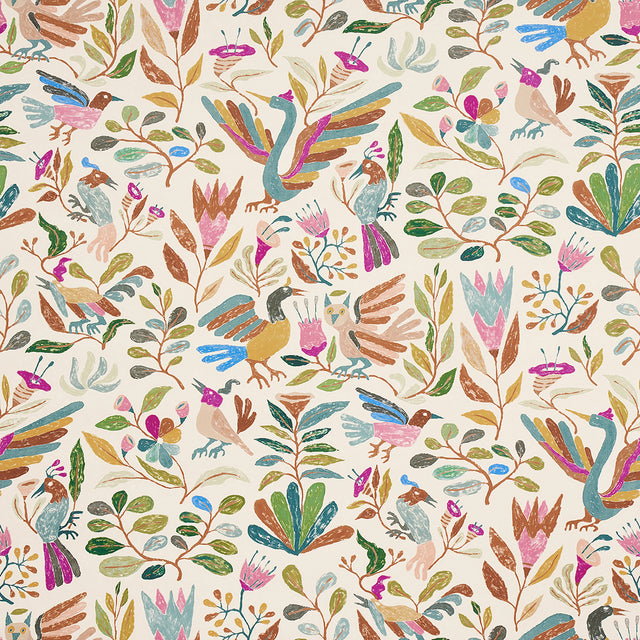 Canopy wallpaper in Multi Birds by Abel Macias for Schumacher, featuring playful birds and floral motifs inspired by Mexican embroidery.