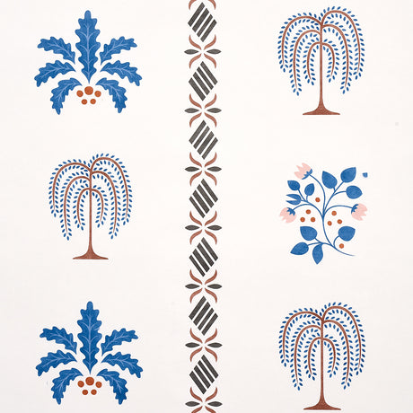 Willard House Stencil wallpaper in blue by Schumacher, featuring a charming botanical stripe and folk art-inspired motifs.