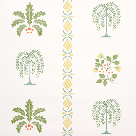 Willard House Stencil wallpaper in green with botanical folk art-inspired motifs and stripes, styled in a traditional bedroom and bathroom setting.