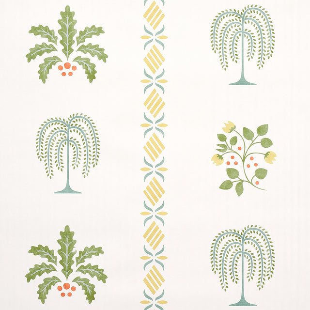 Willard House Stencil wallpaper in green with botanical folk art-inspired motifs and stripes, styled in a traditional bedroom and bathroom setting.