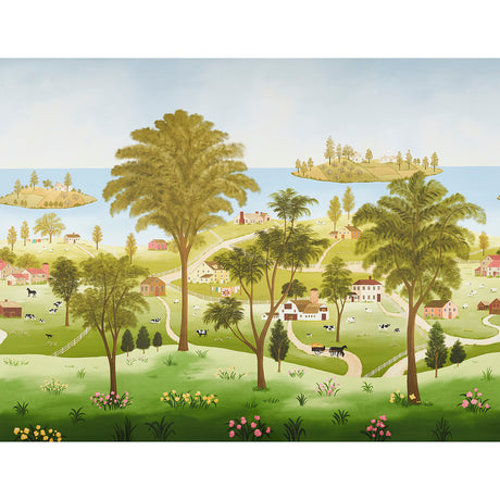 Eaton's Landscape Panel Set scenic wall mural with a naive hand-painted Americana countryside, featuring trees, houses, and rolling hills.
