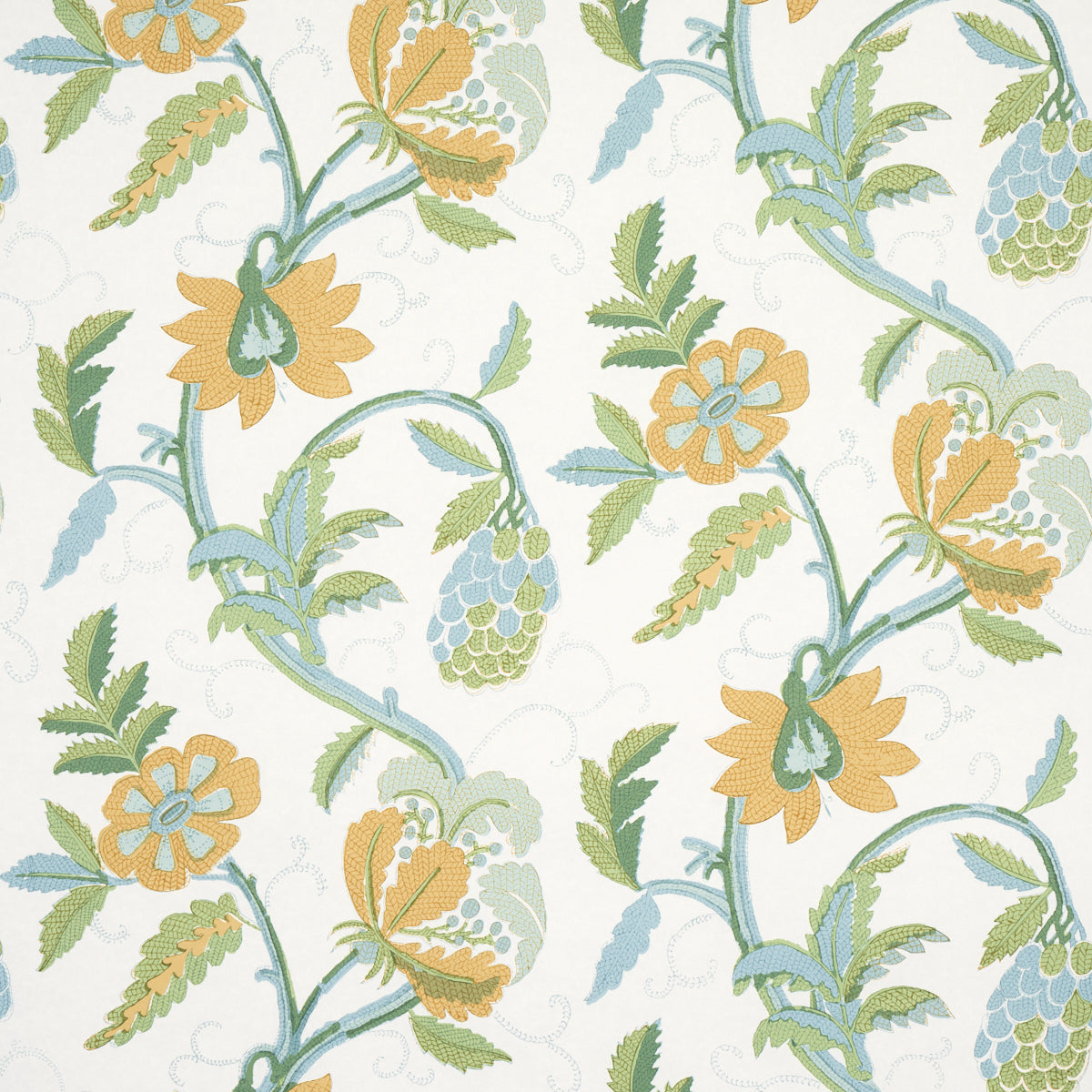 Indali citron and mineral wallpaper with twisted floral vines and embroidery-like linework on a white background.