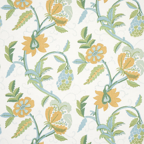 Indali citron and mineral wallpaper with twisted floral vines and embroidery-like linework on a white background.