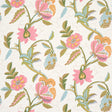 INDALI wallpaper in pink and leaf colorway, featuring a 1920s-inspired floral vine pattern with embroidery-like linework by Schumacher.