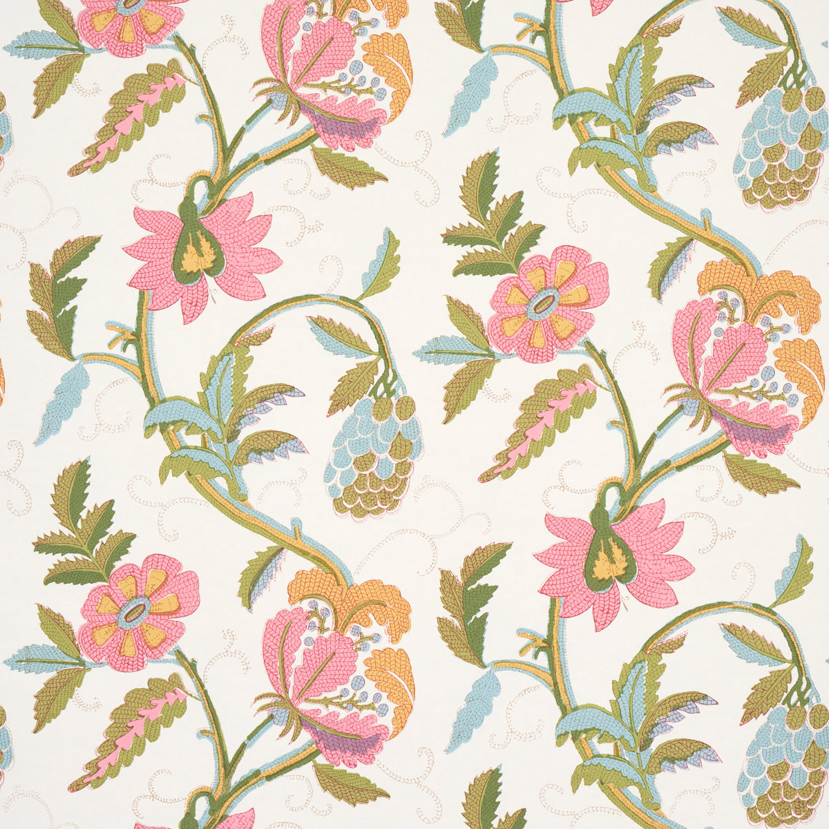 INDALI wallpaper in pink and leaf colorway, featuring a 1920s-inspired floral vine pattern with embroidery-like linework by Schumacher.