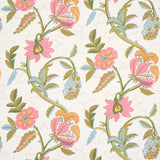 INDALI wallpaper in pink and leaf colorway, featuring a 1920s-inspired floral vine pattern with embroidery-like linework by Schumacher.