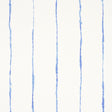 Ephemera Cornflower by Backdrop for Schumacher - watercolor vertical stripe wallpaper in blue and white, shown in a bathroom interior and close-up views.