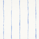 Ephemera Cornflower by Backdrop for Schumacher - watercolor vertical stripe wallpaper in blue and white, shown in a bathroom interior and close-up views.