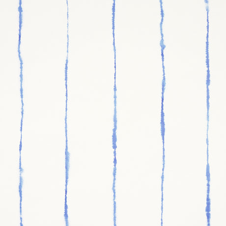 Ephemera Cornflower by Backdrop for Schumacher - watercolor vertical stripe wallpaper in blue and white, shown in a bathroom interior and close-up views.