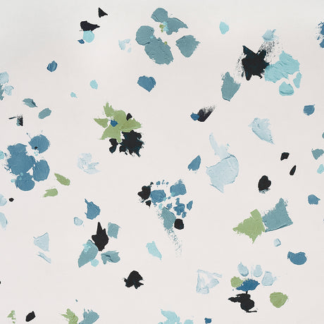 Backdrop Fairfarren Teal abstract floral wallpaper by Schumacher, shown in a modern dining room setting.