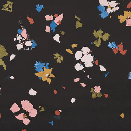 Backdrop Fairfarren Dark Multi wallpaper by Schumacher, featuring abstract multicolor paint strokes on a dark background.