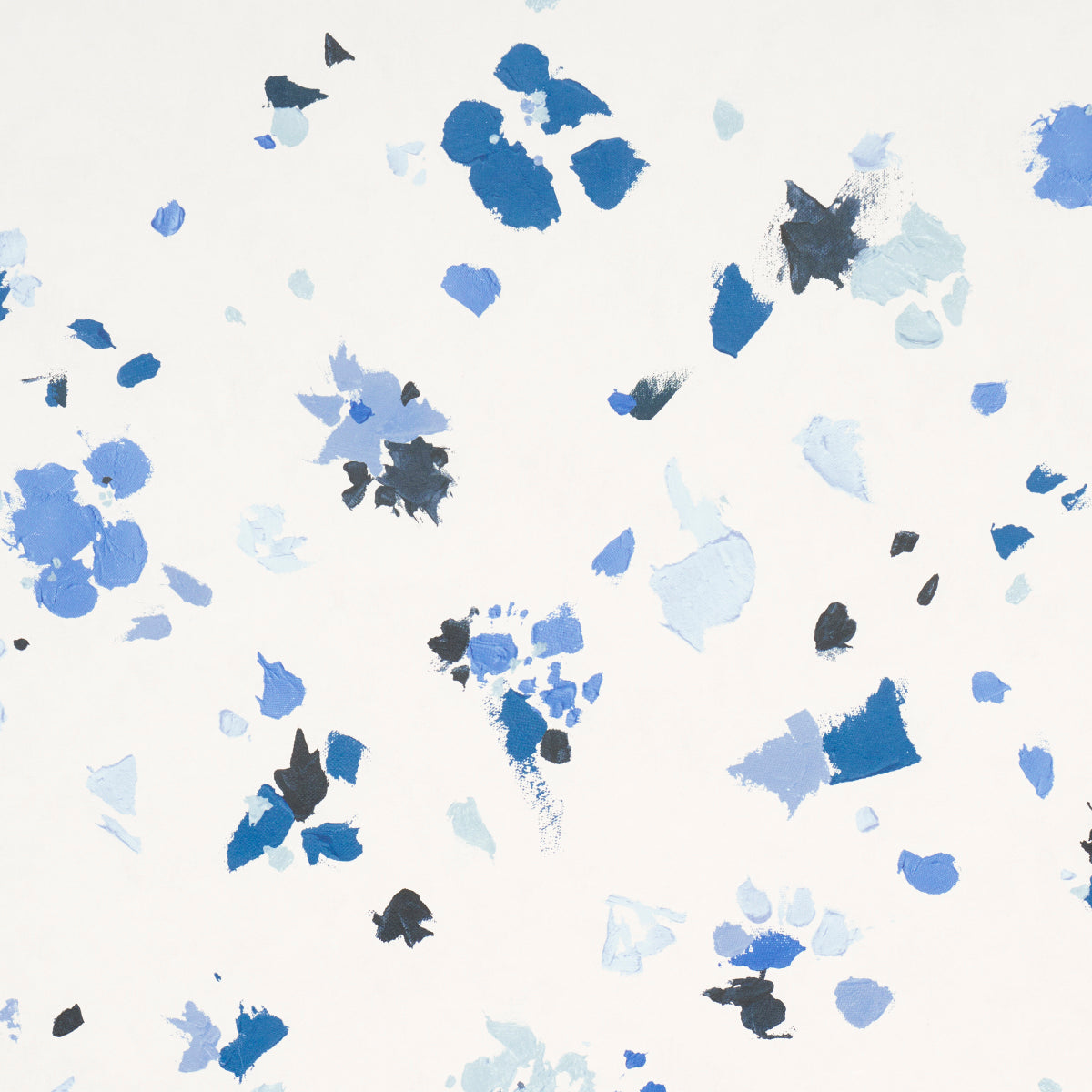 Backdrop Fairfarren Clean Blue abstract wallpaper with painterly blue and black petal-like strokes on a white background.