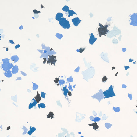 Backdrop Fairfarren Clean Blue abstract wallpaper with painterly blue and black petal-like strokes on a white background.