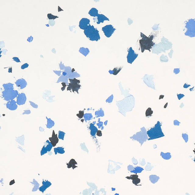 Backdrop Fairfarren Clean Blue abstract wallpaper with painterly blue and black petal-like strokes on a white background.