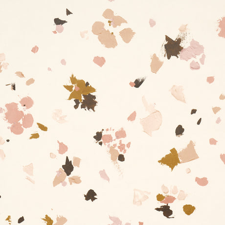Backdrop Fairfarren wallpaper in warm pink with abstract paint stroke pattern, shown in room and close-up views.