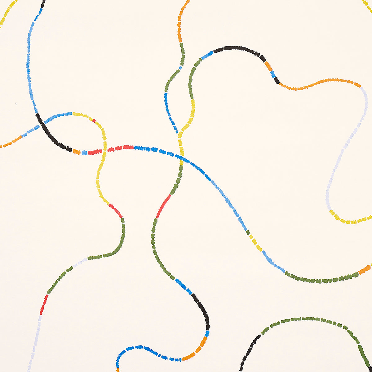 Turini by Backdrop for Schumacher. Bright multi-color abstract vermicelli motif wallpaper with meandering segmented lines on a light background.