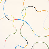 Turini by Backdrop for Schumacher. Bright multi-color abstract vermicelli motif wallpaper with meandering segmented lines on a light background.