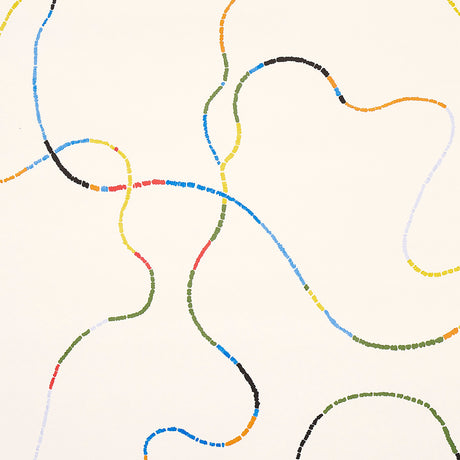 Turini by Backdrop for Schumacher. Bright multi-color abstract vermicelli motif wallpaper with meandering segmented lines on a light background.