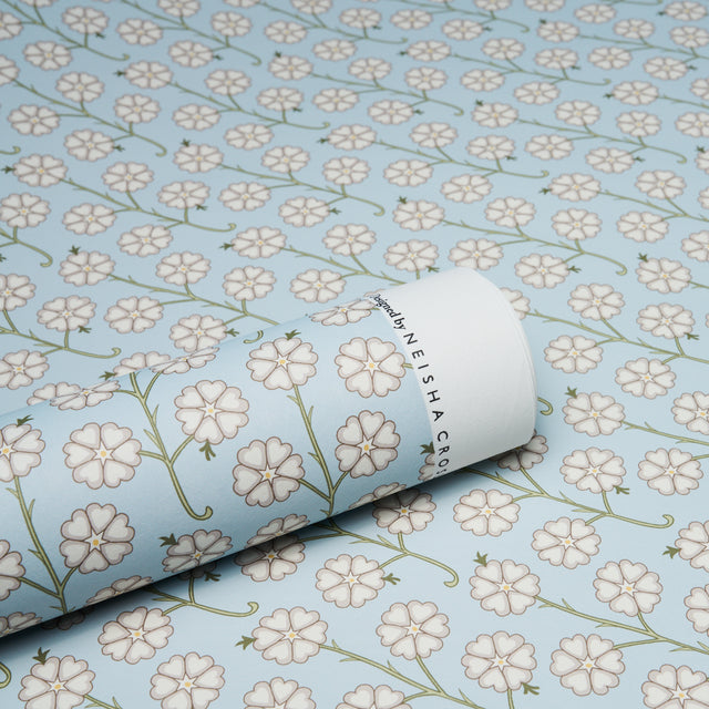Gardenia Egg Blue by Neisha Crosland Small-Scale Floral Stripe Wallpaper – Schumacher 5014921
