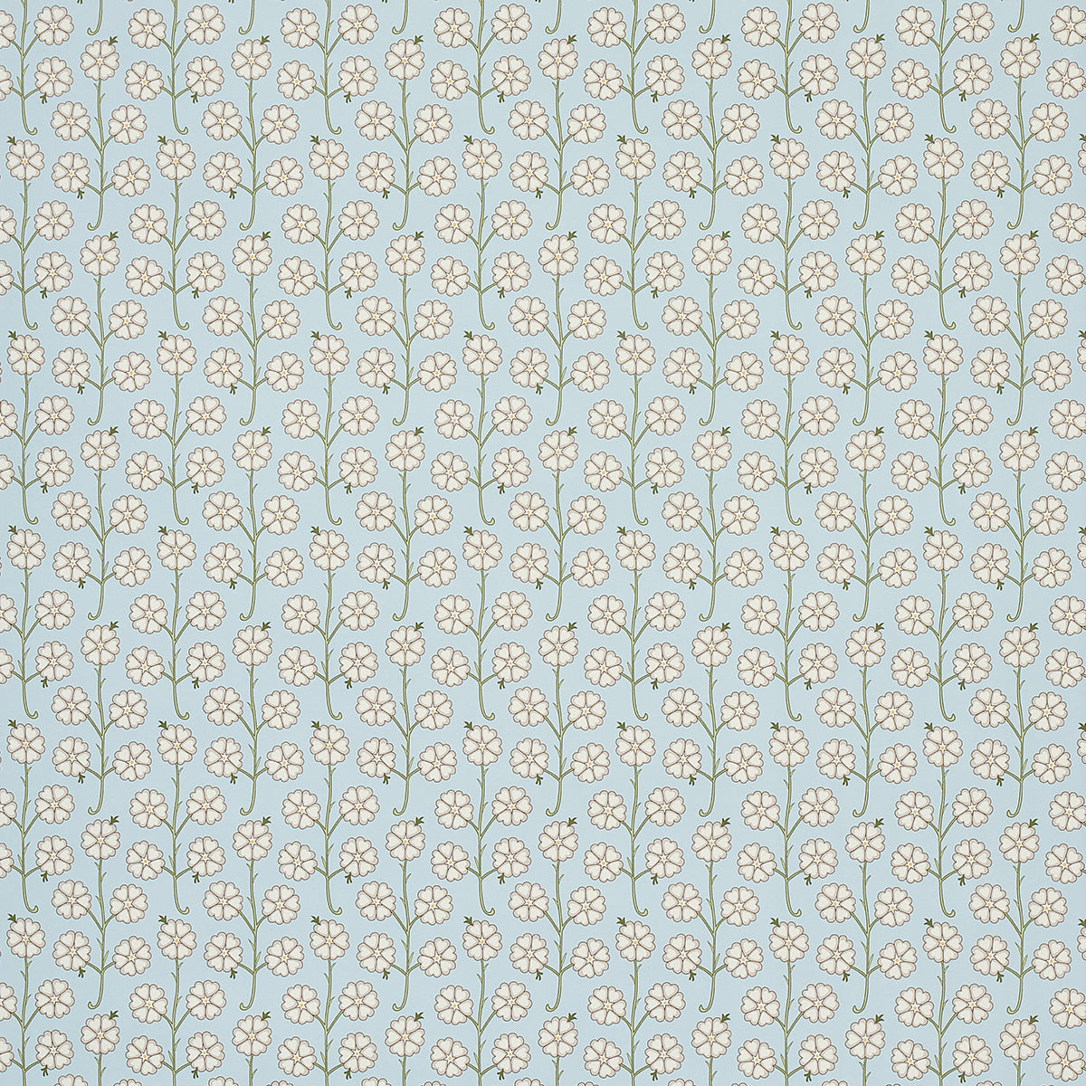 Gardenia wallpaper in Egg Blue by Neisha Crosland for Schumacher, featuring a small-scale stylized floral stripe pattern.