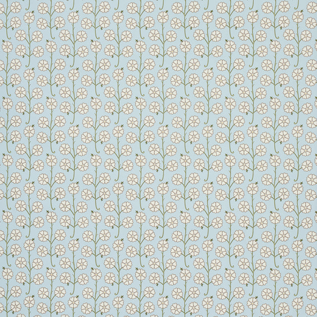 Gardenia wallpaper in Egg Blue by Neisha Crosland for Schumacher, featuring a small-scale stylized floral stripe pattern.