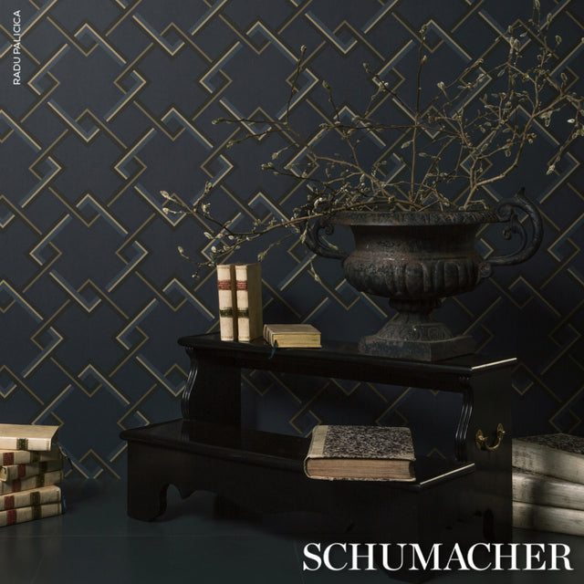 Mah Jong River Blue by Neisha Crosland Geometric Lattice Wallpaper – Schumacher 5014931